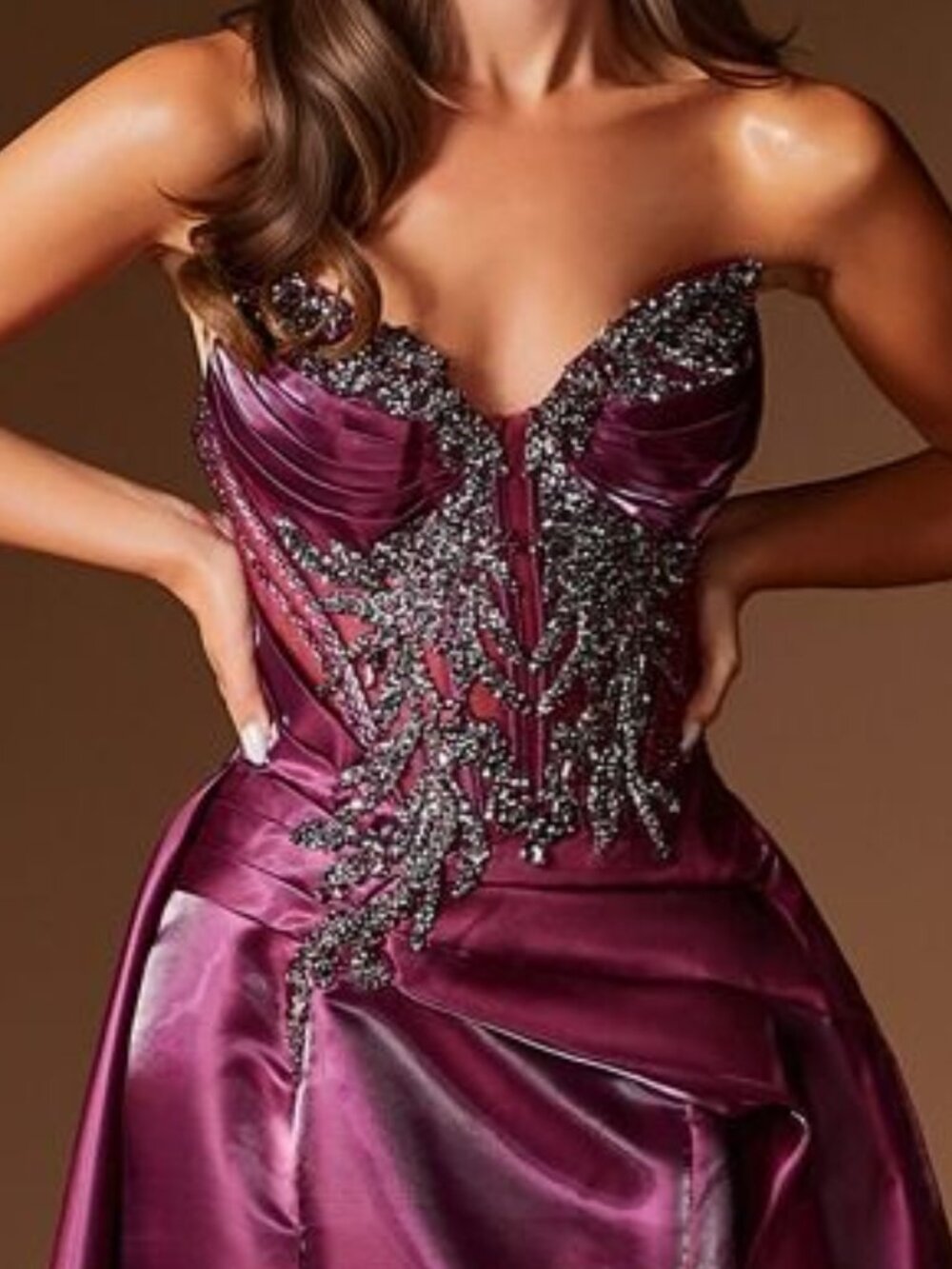New Plum Noir Liquid Organza Gown w/ Beads Embroidery & Mermaid Cut CDS568 - Picture 4 of 8
